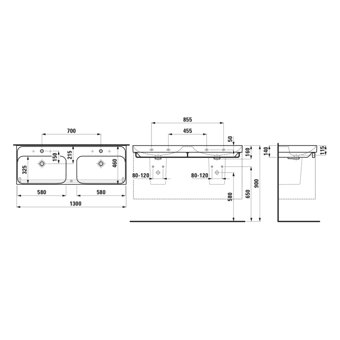 LAUFEN MEDA Doppelwaschtisch 130 x 46 cm, mit Hahnloch und Überlauf