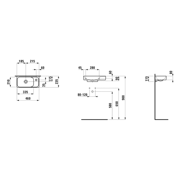 LAUFEN MEDA Handwaschbecken 46 x 23,5 cm, ohne Hahnloch und Überlauf, Becken links