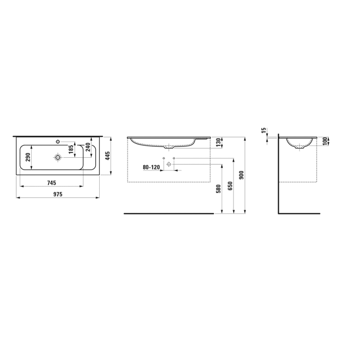 LAUFEN MEDA Möbelwaschtisch SLIM 97,5 x 44,5 cm, mit Hahnloch ohne Überlauf
