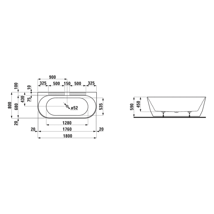 LAUFEN PRO Vorwand-Badewanne 180 x 80 cm Version mittig aus Marbond