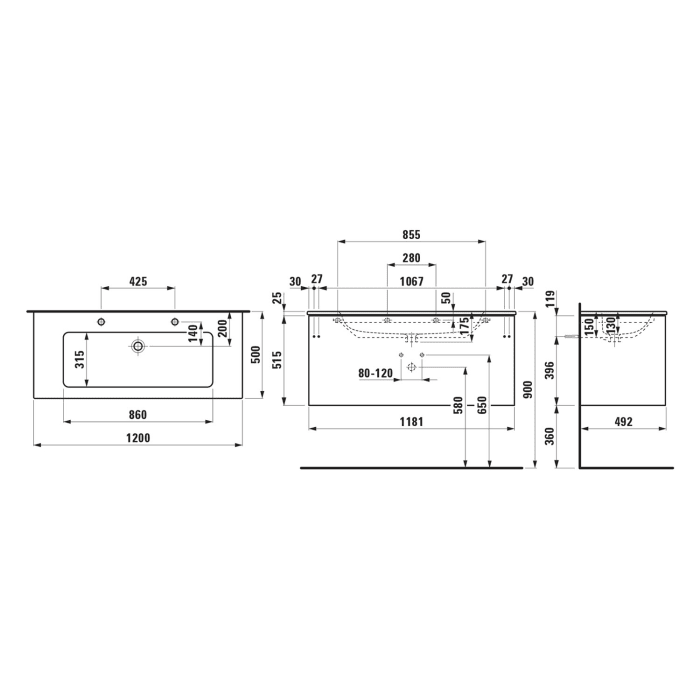 LAUFEN PRO Set LANI Waschtisch mit Überlauf und 2 Hahnlöchern inkl. Waschtischunterbau 120 cm