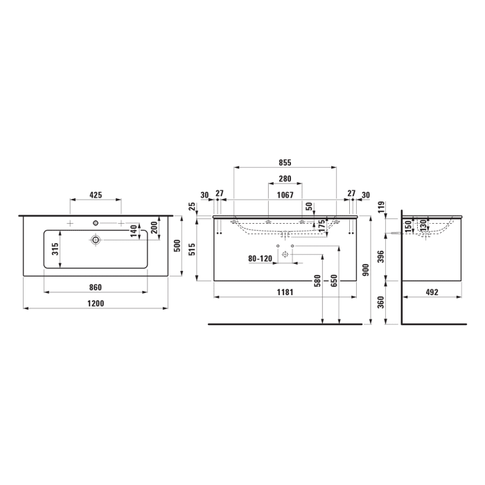 LAUFEN PRO Set LANI Waschtisch mit Überlauf und 1 Hahnloch inkl. Waschtischunterbau 120 cm