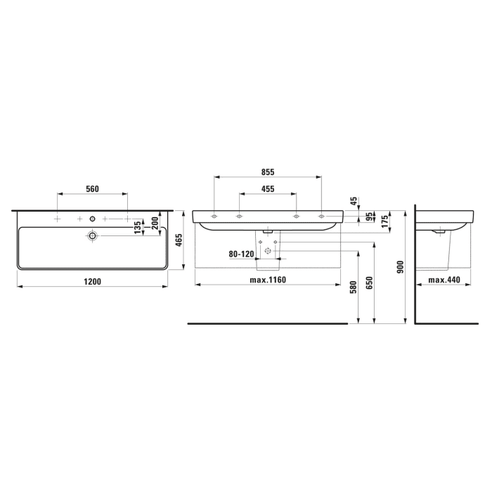 LAUFEN PRO S Waschtisch 120 cm, ohne Hahnloch, mit Überlauf