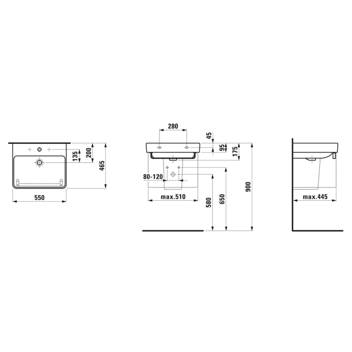 LAUFEN PRO S Waschtisch 55 cm, ohne Hahnloch, ohne Überlauf