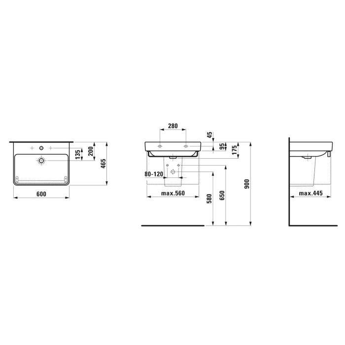 LAUFEN PRO S Waschtisch 60 cm, mit 3 Hahnlöchern, mit Überlauf