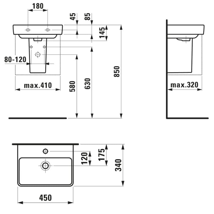 LAUFEN PRO S Handwaschbecken 45 cm, mit 1 Hahnloch, mit Überlauf