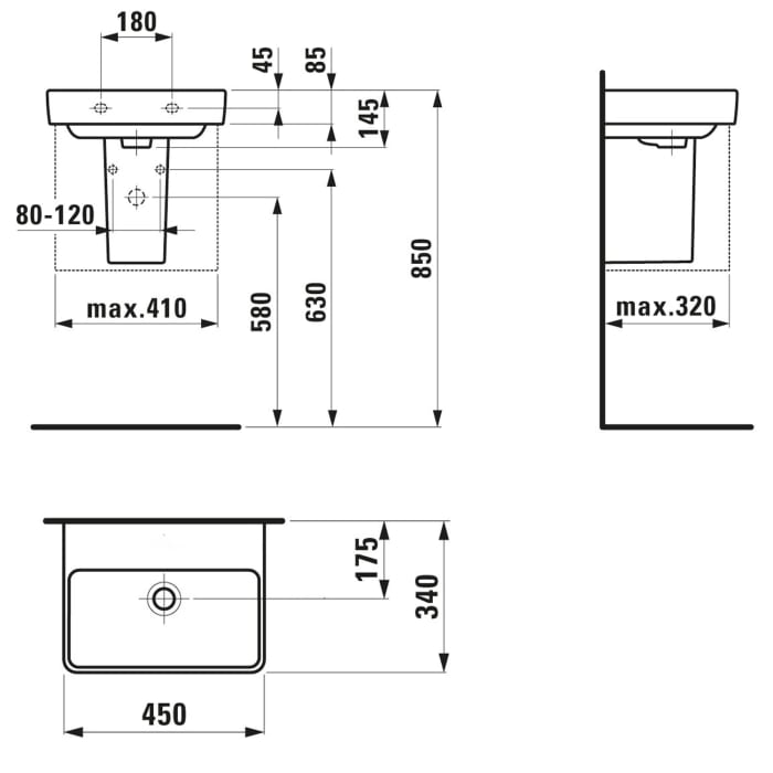 LAUFEN PRO S Handwaschbecken 45 cm, ohne Hahnloch, mit Überlauf