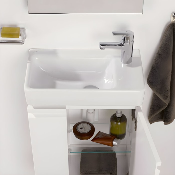 LAUFEN PRO S Handwaschbecken 48 cm asymmetrisch, mit 1 Hahnloch rechts, mit Überlauf, mit Becken links