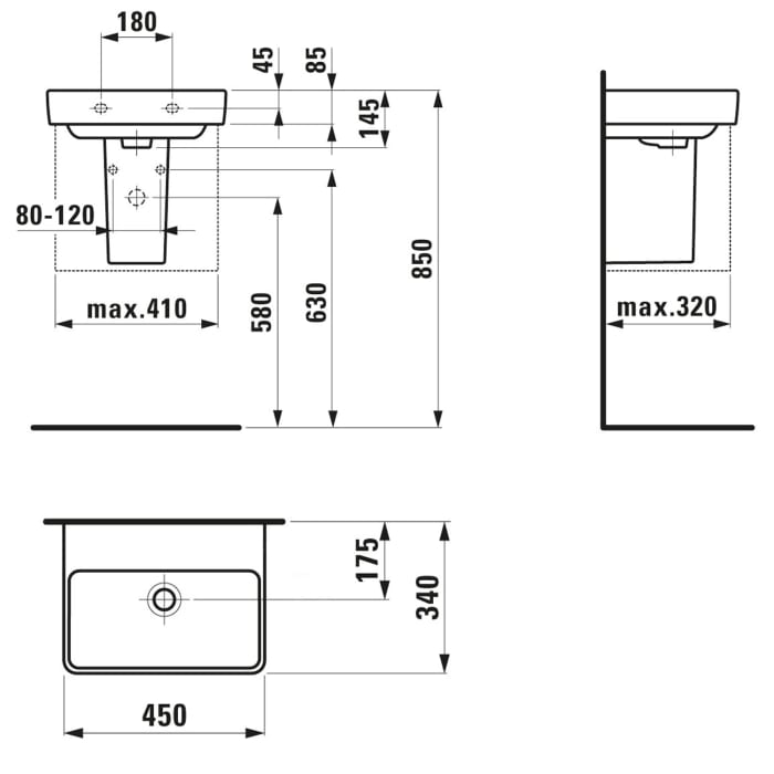 LAUFEN PRO S Handwaschbecken 45 cm, ohne Hahnloch, ohne Überlauf