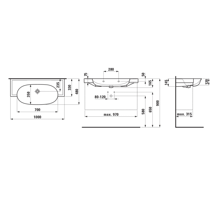LAUFEN The New Classic Möbelwaschtisch 100 x 48 cm, ohne Hahnloch, mit Überlauf