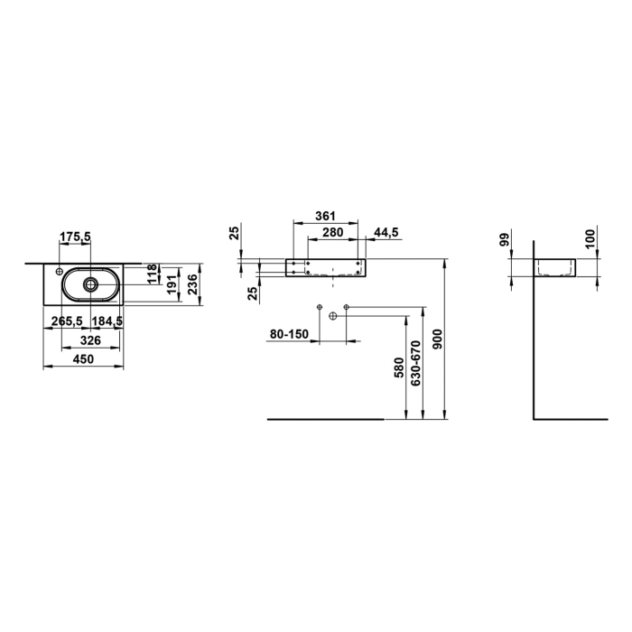 LAUFEN FUSION.S Waschtisch 45 x 23,6 cm, rechteckig, 1 Hahnloch