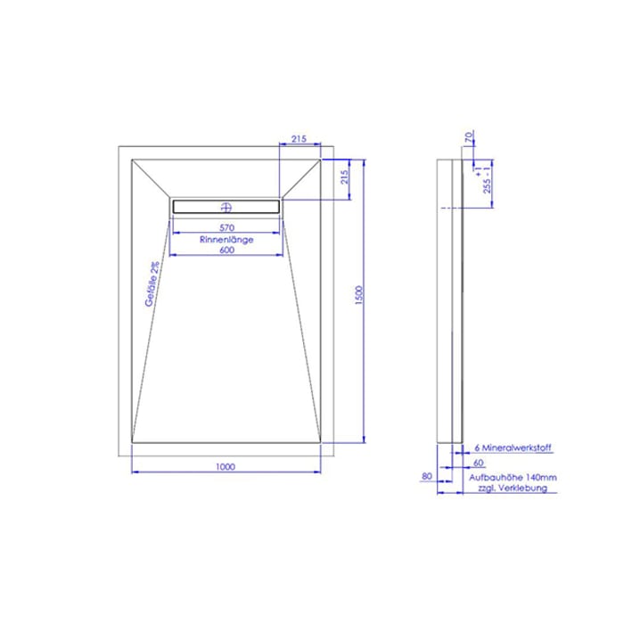 Schedel Plan Plus Mineral-Duschelement bodeneben 100 x 150 cm mit Rinne, Gefälle vierseitig