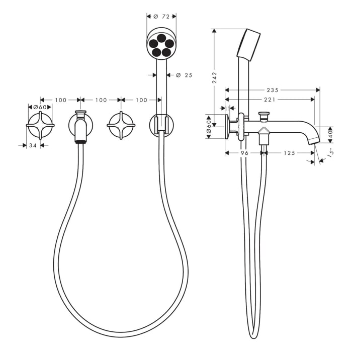 AXOR One 3-Loch Wannenarmatur UP für Wandmontage mit Kreuzgriffen und Handbrause
