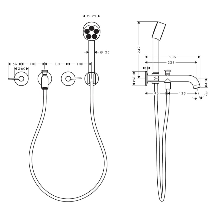 AXOR One 3-Loch Wannenarmatur UP für Wandmontage mit Hebelgriffen und Handbrause