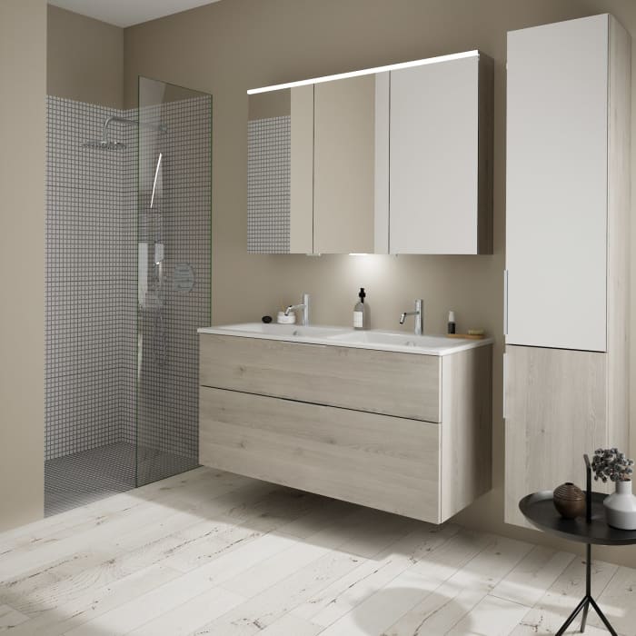 burgbad Eqio Waschtischkombination mit Keramik-Doppelwaschtisch Slim, 122 cm, mit Griff G0146