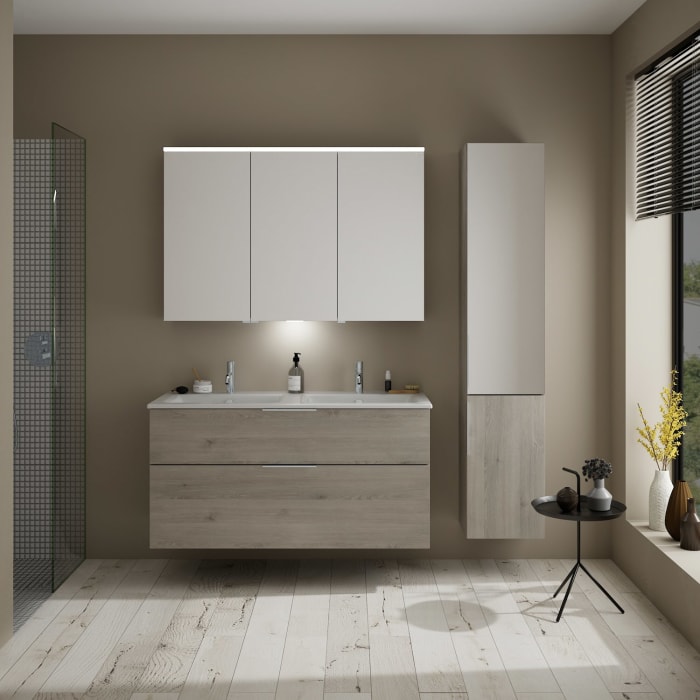 burgbad Eqio Waschtischkombination mit Keramik-Doppelwaschtisch Slim, 122 cm, mit Griff G0146