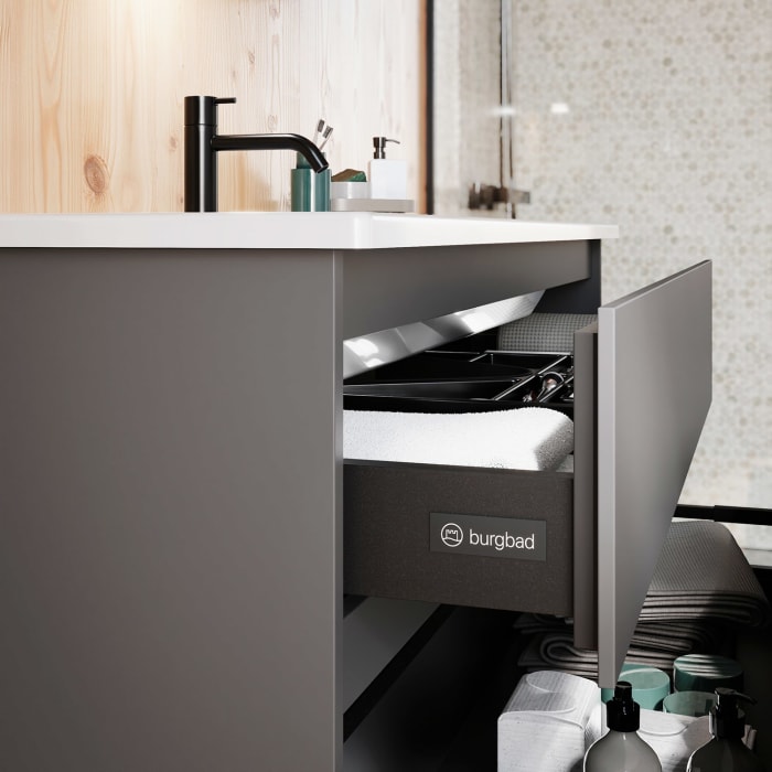 burgbad Lin20 Waschtischunterschrank mit Keramik-Waschtisch 123 cm, 2 Auszüge