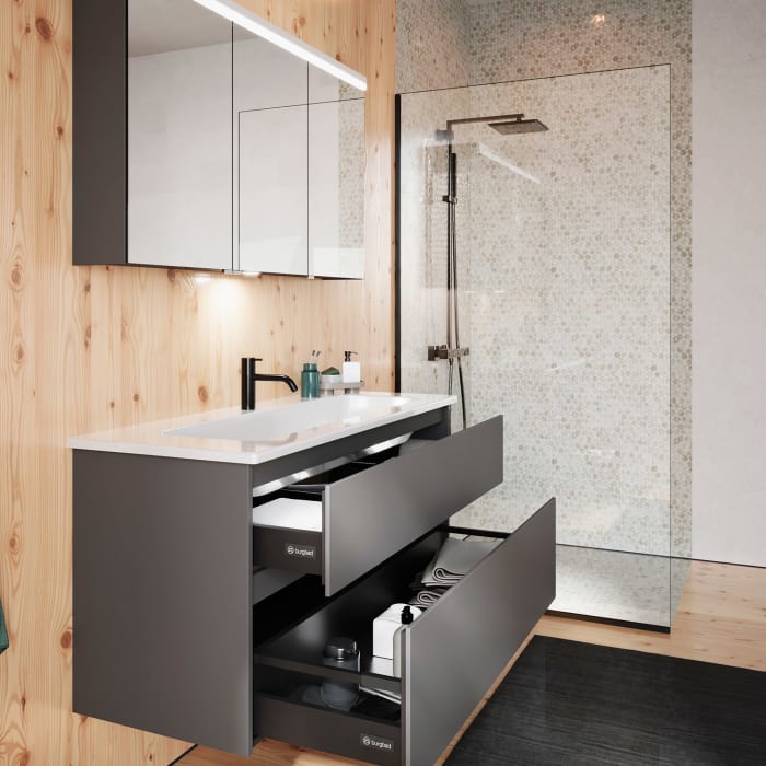burgbad Lin20 Waschtischunterschrank mit Keramik-Waschtisch 123 cm, 2 Auszüge