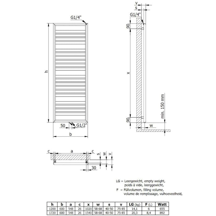 HSK Badheizkörper Image 60 x 172 cm, Mittelanschluss, Antikorrosionsschutzschicht