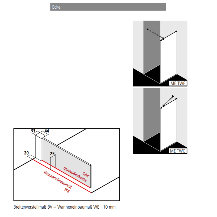 Kermi MENA teilgerahmte WALK-IN Wall mit 90° Stabilisierung 90 cm, breites Profil