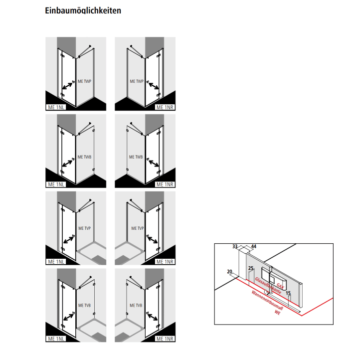 Kermi MENA Pendeltür 1-flügelig mit Festteil 120 cm, Anschlag rechts für Seitenwand