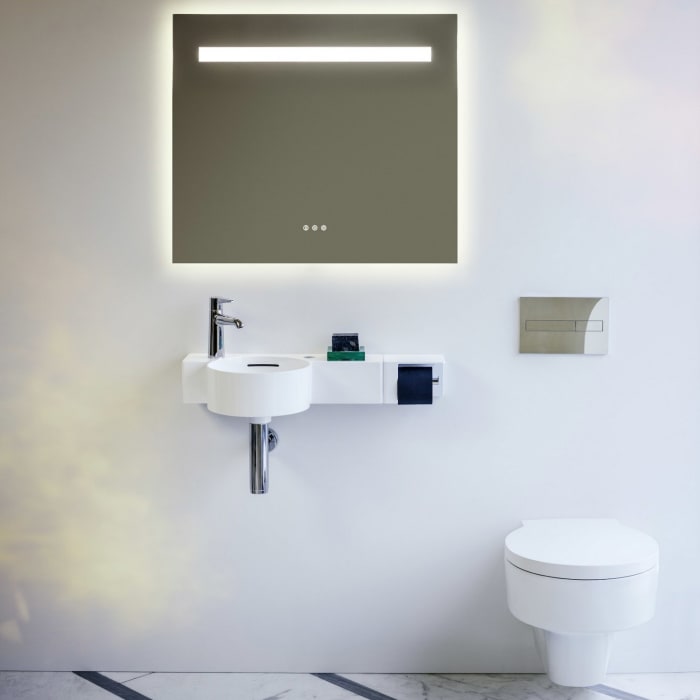 LAUFEN Val Handwaschbecken 55 x 31,5 cm mit Hahnloch und  Überlauf, Ablage rechts schneidbar bis 43 cm