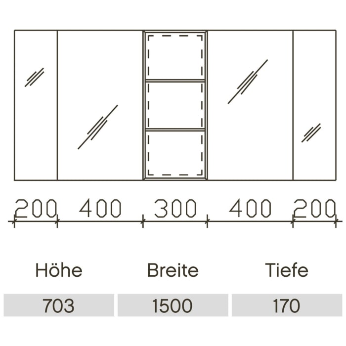Pelipal Balto Spiegelschrank 150 x 17 x 70,3 cm mit 1 Vitrine mittig, 4 Drehtüren, 2 LED Aufsatzleuchten in schwarz matt, Waschplatzbeleuchtung