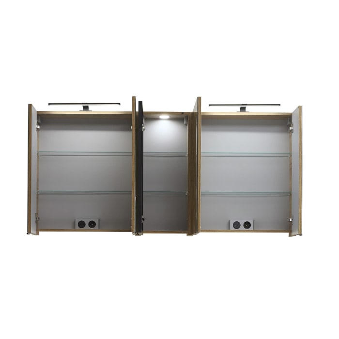 Pelipal Balto Spiegelschrank 150 x 17 x 70,3 cm mit 1 Vitrine mittig, 4 Drehtüren, 2 LED Aufsatzleuchten in schwarz matt, Waschplatzbeleuchtung