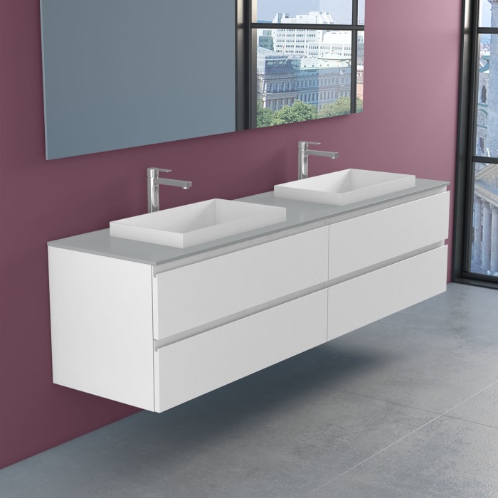 progettobagno Stresa Doppel-Unterschrank 200 cm mit Glasplatte ohne Hahnlochbohrung und ELY 60 Einbauwaschtischen