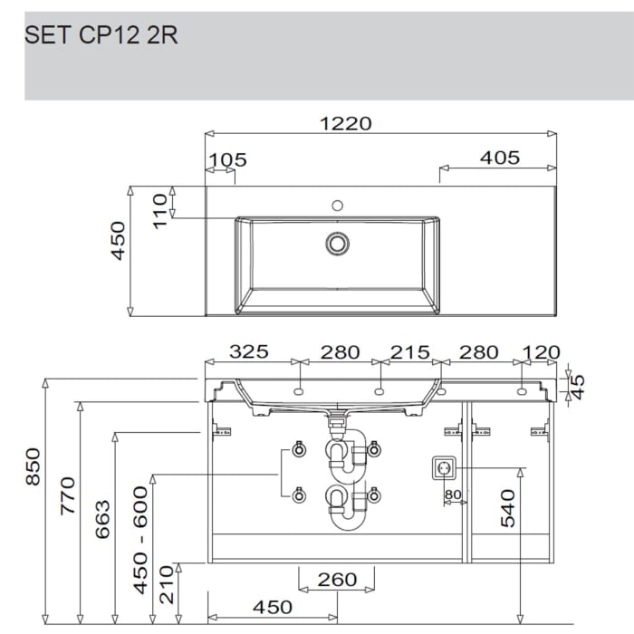 Puris c!puro Waschtischset 122 cm mit Waschtisch, Ablage rechts und Unterschränken mit 4 Auszügen,  Griff 352