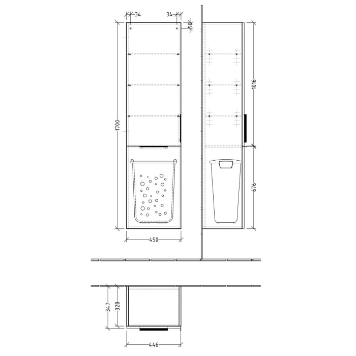 Sanipa 3way Stauraumschrank 45 cm, 1 Wäschekorbklappe, 1 Tür mit Türanschlag links, mit Aufsatzgriff