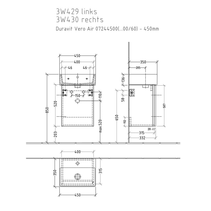 Sanipa 3way Waschtischunterbau für Keramik-Waschtisch Vero Air 45 cm, 1 Tür, Anschlag rechts, mit Griffleiste