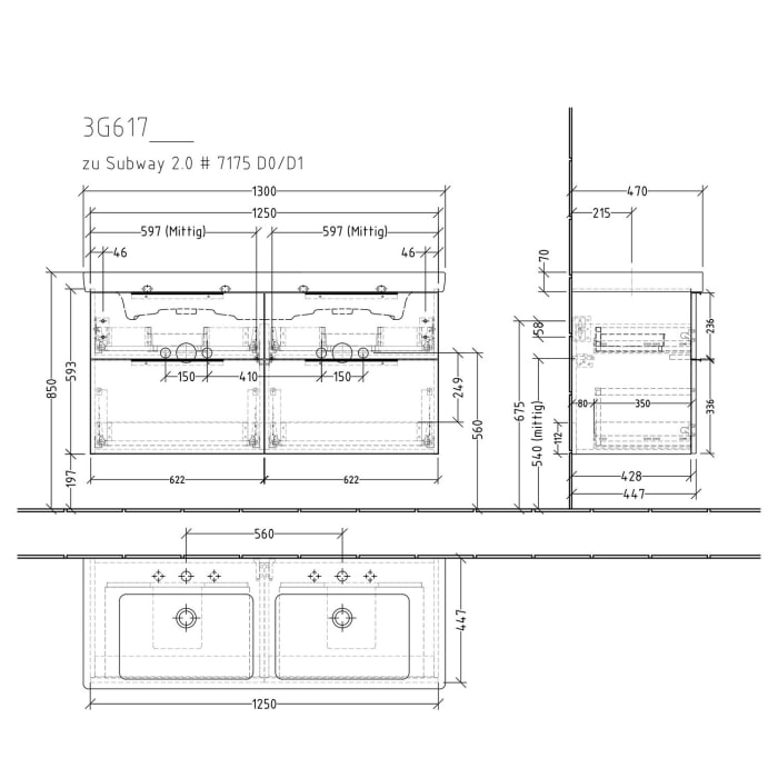 Sanipa 3way Waschtischunterbau für Keramik-Doppelwaschtisch Subway 2.0 130 cm, 4 Auszüge mit Aufsatzgriff