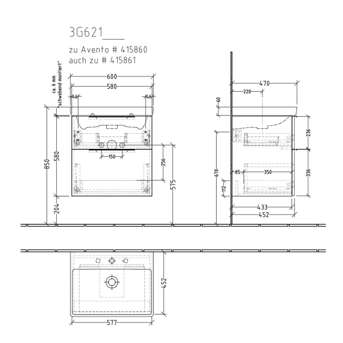 Sanipa 3way Waschtischunterbau für Keramik-Waschtisch Avento 60 cm, 2 Auszüge mit Aufsatzgriff