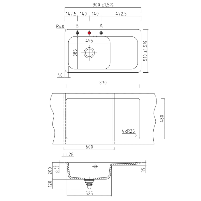 Systemceram Keradomo Juna 90 Einbauspüle links mit Excenterbetätigung, mit CLEANPLUS