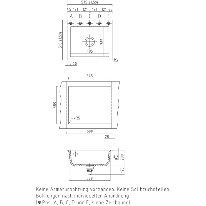 Systemceram Keradomo Mera 57 Einbauspüle mit Handbetätigung, ohne Hahnlochbohrung