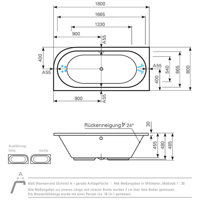 Mauersberger Raumsparbadewanne Primo 1 180 rechts mit Therapie Rücken Fuß Whirlsystem
