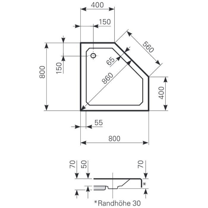 Mauersberger Fünfeck-Duschwanne Ceptor 80 x 80 flach