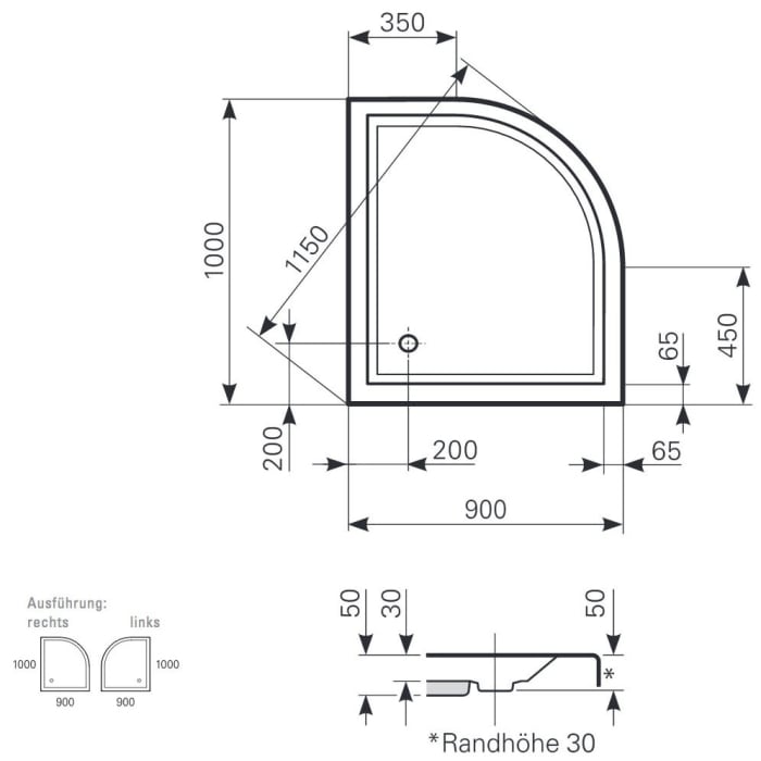 Mauersberger Viertelkreis-Duschwanne Albis 90 x 80 superflach links