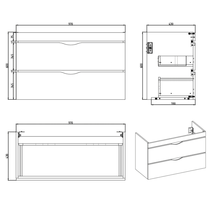 Home Waschtischunterschrank 100 cm, 2 Auszüge