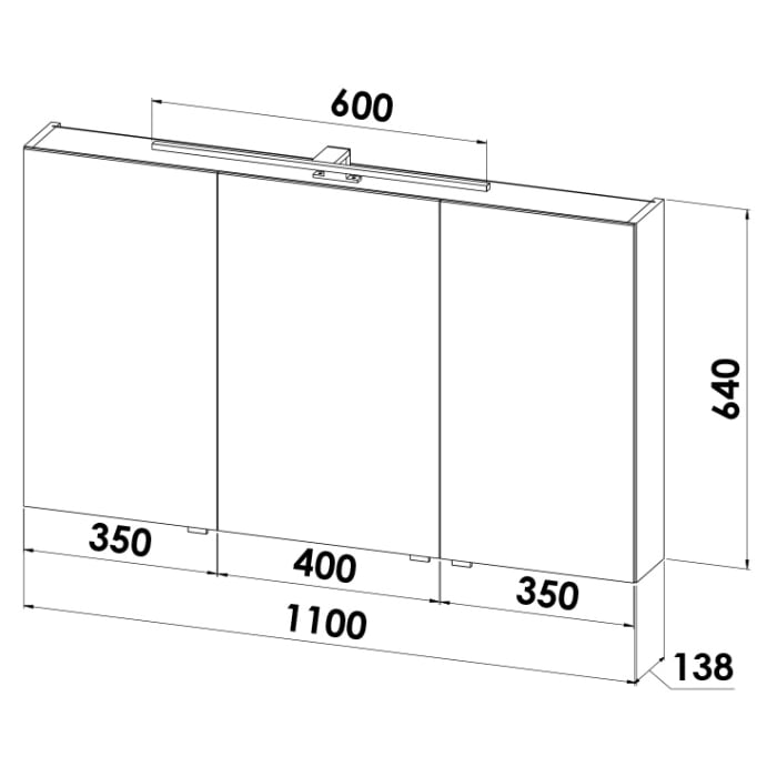 Lodge Spiegelschrank 110 cm mit 3 Türen und LED-Aufbauleuchte