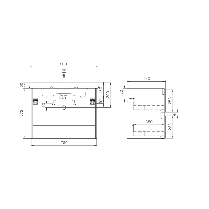 Lodge Waschtischunterschrank 75 cm mit 2 Auszügen für Waschtisch Villeroy & Boch Subway 2.0