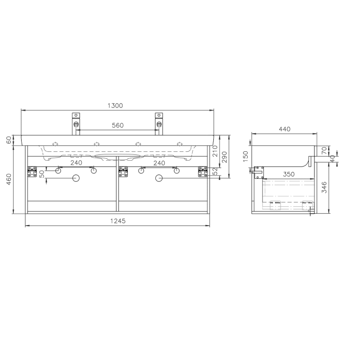 Lodge Doppel-Waschtischunterschrank 124,5 cm mit 2 Auszügen für Waschtisch Villeroy & Boch Subway 2.0