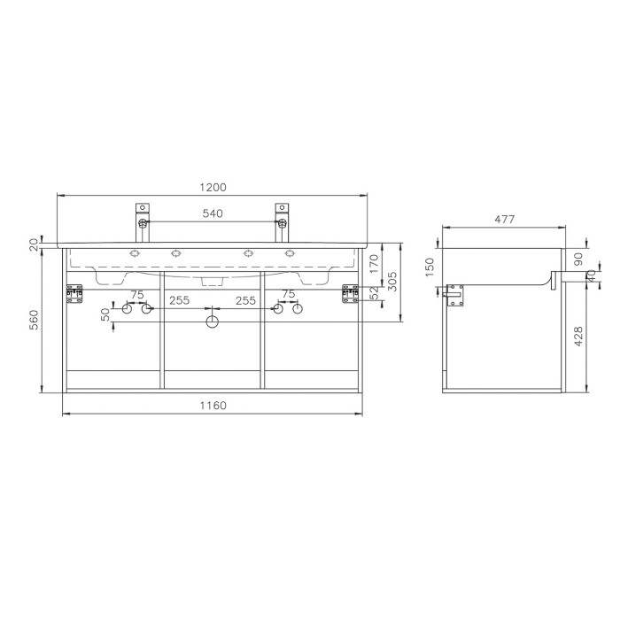 Lodge Waschtischunterschrank 116 cm mit 3 Türen, für Waschtisch Villeroy & Boch Venticello