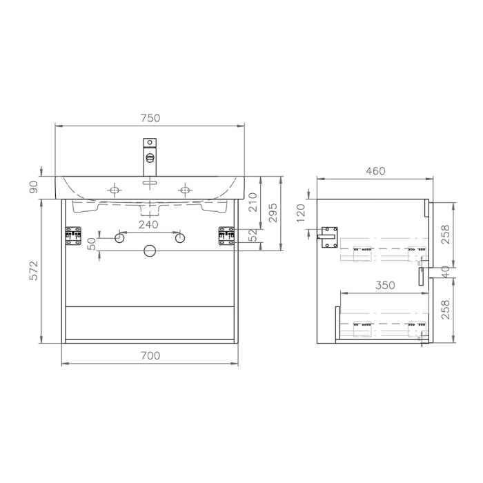 Lodge Waschtischunterschrank 70 cm mit 2 Auszügen für Waschtisch Geberit iCon