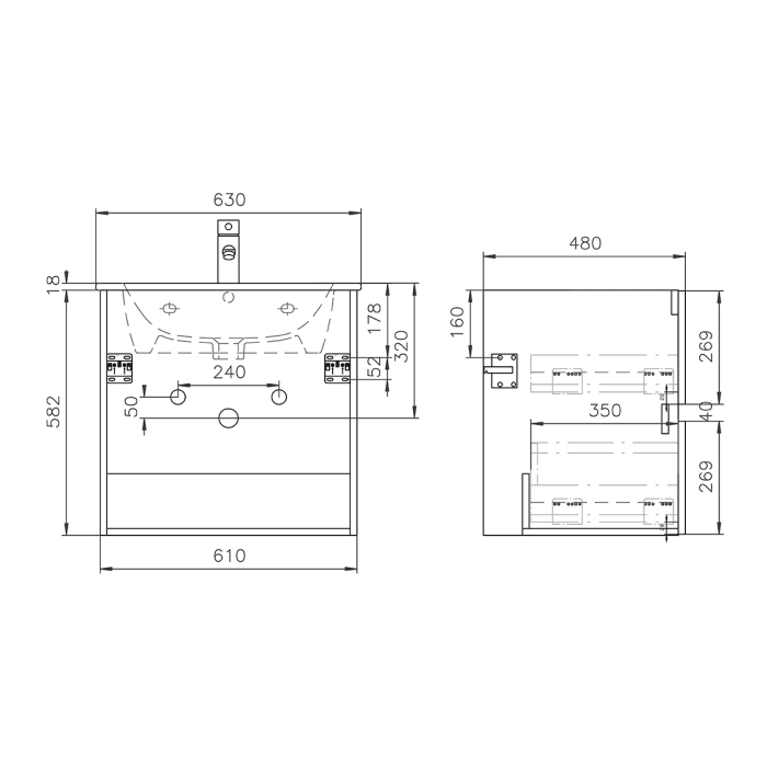 Lodge Waschtischunterschrank 61 cm mit 2 Auszügen für Waschtisch Duravit ME by Stark