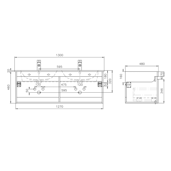 Lodge Doppel-Waschtischunterschrank 127 cm mit 2 Auszügen für Waschtisch Duravit Me by Stark