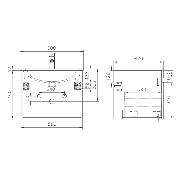 Lodge Waschtischunterschrank 58 cm mit 1 Auszug für Waschtisch Geberit Renova