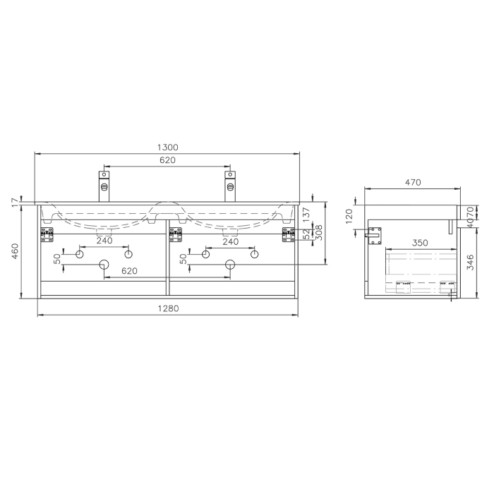 Lodge Doppel-Waschtischunterschrank 128 cm mit 2 Auszügen für Waschtisch Geberit Renova