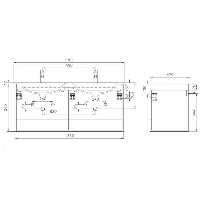 Lodge Doppel-Waschtischunterschrank 128 cm mit 4 Türen für Waschtisch Geberit Renova